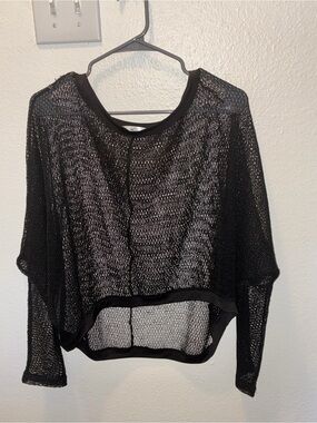Women's Black Sheer Open-Knit Crewneck Sweater